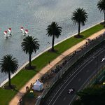 Aerial view of F1 cars on Albert Park Circuit
