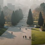 View of people walking to the Shrine of Remembrance near Melbourne's Botanical Gardens