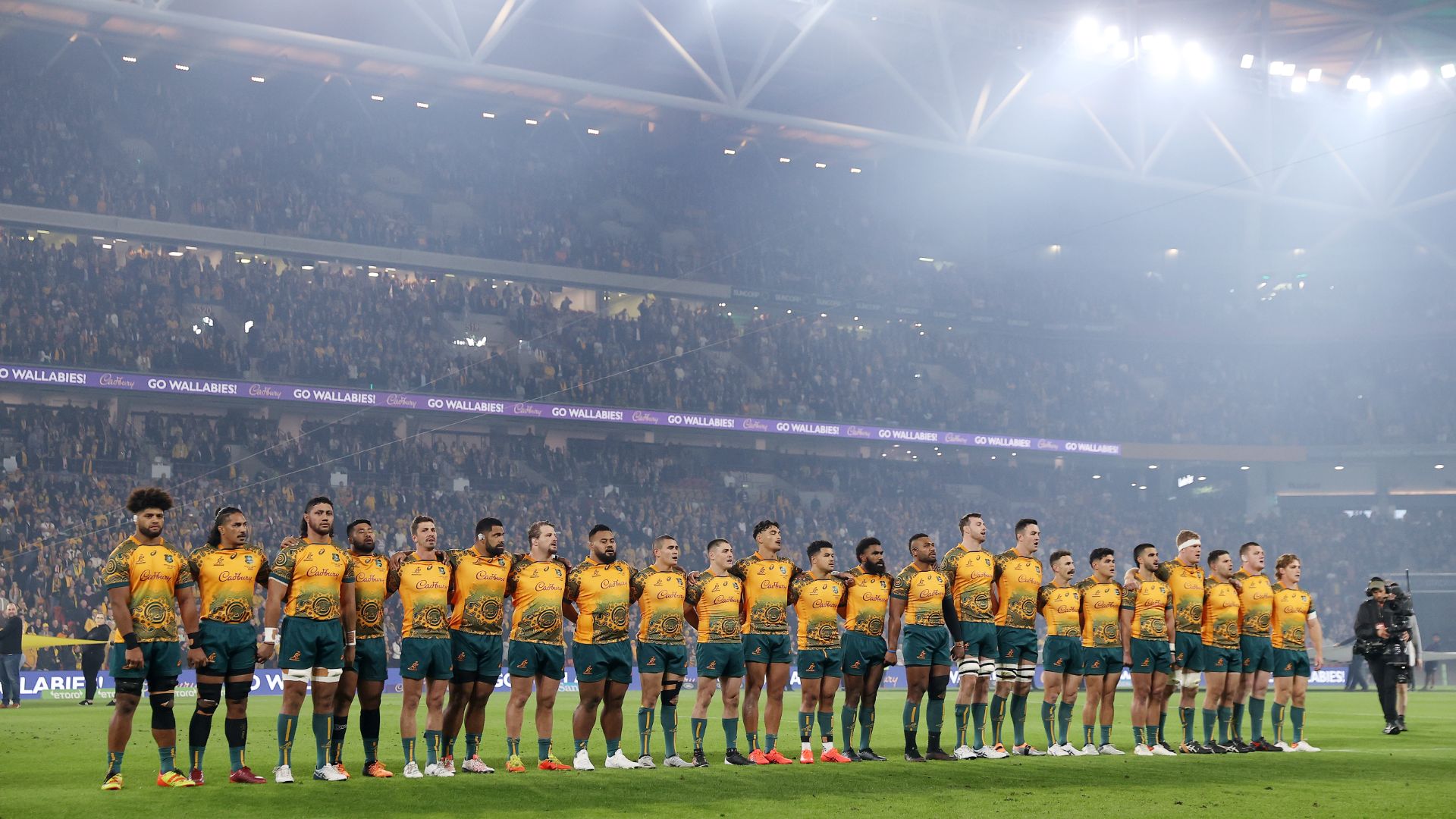 Wallabies team standing for the National Anthem