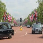 Black cabs and Union Jack flags, London