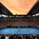 Side view of Rod Laver Arena at twilight