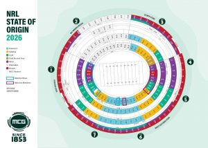 2026 Ampol State of Origin Series Game 2 seating map for the Melbourne Cricket Ground (MCG), showing sections and ticket categories.