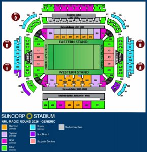 NRL Magic Round 2026 seating map for Suncorp Stadium, showing ticket categories including Gold, Try Zone and Diamond sections.