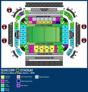 Women's State of Origin 2026 Game 2 seating map for Suncorp Stadium, showing ticket categories including Gold and Diamond sections.